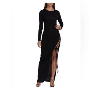Ronny Kobo Tamara Lace-Up Black Maxi Dress Long Sleeve Side Slit Bodycon Size XS